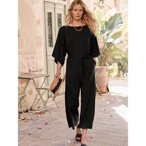 Garnet Hill Prato Knit Jumpsuit Black Wide Leg Women's Size Large